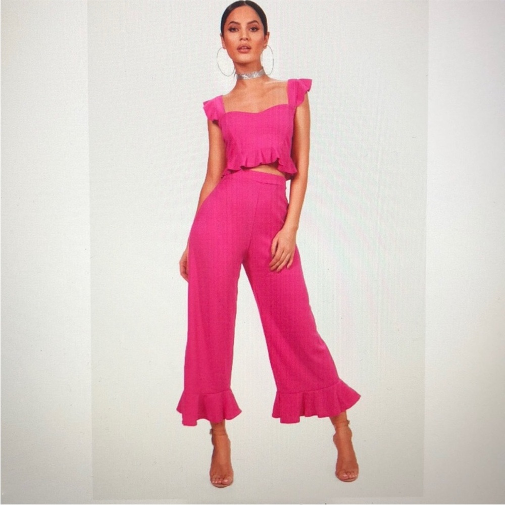 Boohoo Hot Pink Ruffle Crop Top & Cropped Wide-Leg Pants Set